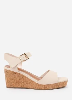 Where's That From Cream PU Giselle Wide-Fit Wedge Sandals With Buckle-Ankle-Strap
