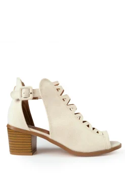 Where's That From Cream Suede Reydah Mid Block Heel Sandals