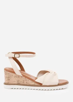 Where's That From Cream-PU Katara Wide-Fit Knot Detail Wedge Shoes
