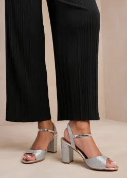 Where's That From Florence Silver Glitter Mid-High Ankle Strap Heels