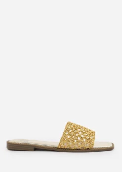 Where's That From Gold Chelsea Woven Strap Flat Sandals