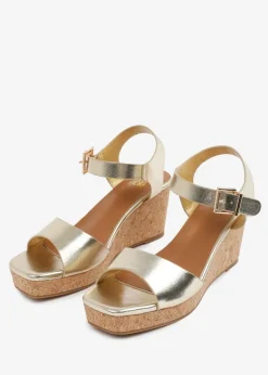 Where's That From Gold PU Giselle Wedge Sandals With Buckle-Ankle-Strap