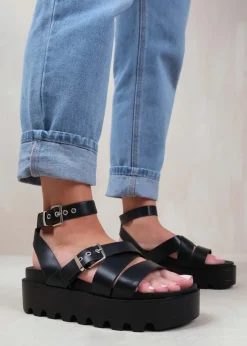 Where's That From Layla Black Wide-Fit Buckle Strap Platform Sandals