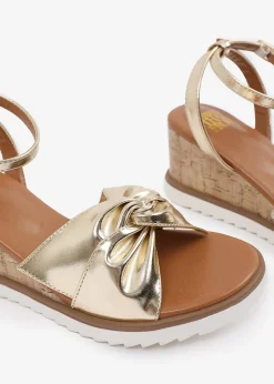 Where's That From Metallic Gold-PU Katara Wide-Fit Knot Detail Wedge Shoes