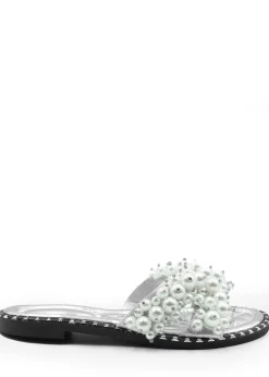 Where's That From Silver Eve Pearl Embellished Flat Slider Sandals