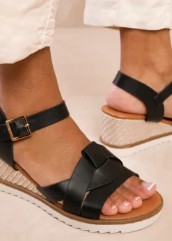 Where's That From Sydney Black Wedge With Front Strap Detail