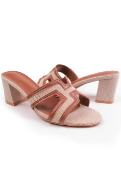 Where's That From Tan PU Drama Cut Out Strap Block Heel Sandals