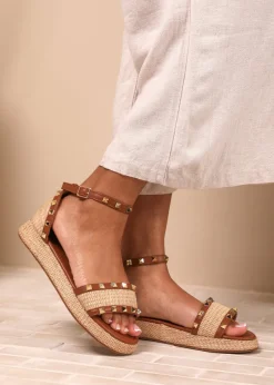 Where's That From Tan PU Aviva Studded Gladiator Espadrille Flatform