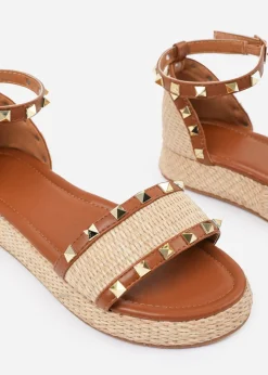 Where's That From Tan-PU Aviva Wide-Fit Studded Gladiator Espadrille Flatform