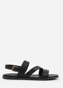 Where's That From Wide Fit Black PU Nessa Flat Sandals
