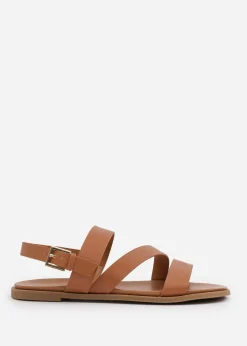 Where's That From Wide Fit Tan PU Nessa Flat Sandals