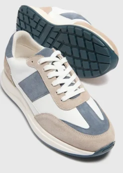 White and Blue Suede Panel Trainers
