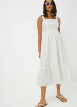 White Broderie Anglaise Square Neck Midi Dress