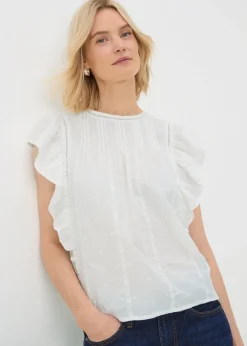 White Dobby Ruffle Sleeve Blouse