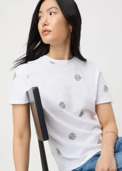 White Embroidered Leaf Print T-Shirt