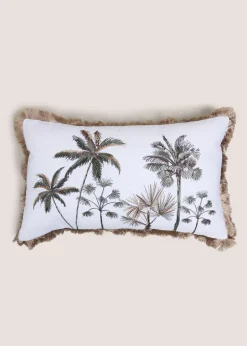 White Embroidered Palm Tree Fringe Cushion
