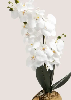 White Faux Orchid In Circular Gold Vase (35cm x 26cm x 74cm)
