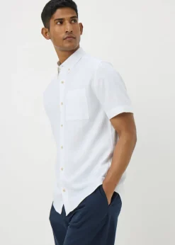 White Linen Blend Short Sleeve Shirt