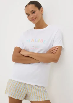 White Malibu Stripe Shorts & T-Shirt Pyjama Set