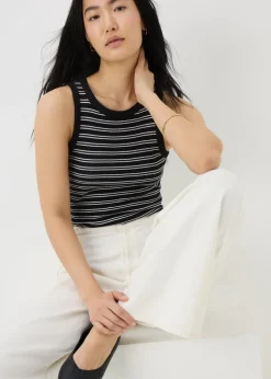 White Ribbed Stripe High Neck Racer Back Vest Top