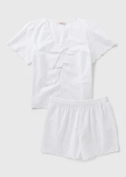 White Tie Front Broderie Pyjama Set