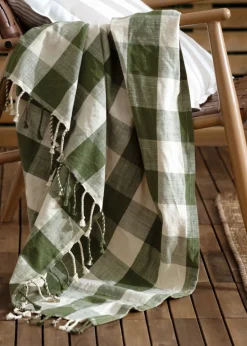 Yard Dark Green Chesil Check Tasselled 100% Cotton  Throw