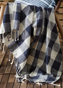 Yard Navy Chesil Check Tasselled 100% Cotton  Throw