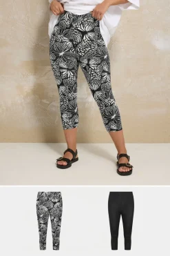 Yours 2 Pack Curve Black Butterfly Print Cropped Leggings