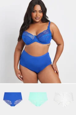 Yours 3 Pack Curve Blue & White Lace Back High Waisted Knickers