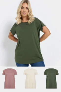 Yours Curve 3 Pack Green & White Essential T Shirts