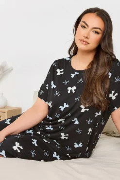 Yours Curve 2 Pack Multi Coloured Black & Blue Bow Print Soft Touch Nightdresses