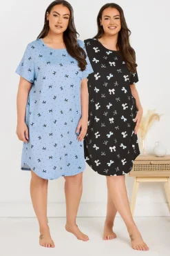 Yours Curve 2 Pack Multi Coloured Black & Blue Bow Print Soft Touch Nightdresses