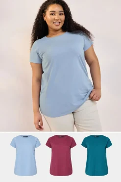 Yours Curve 3 Pack Wine Red & Blue Core T-Shirts