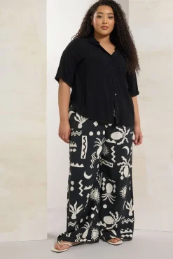 Yours Curve Black Abstract Print Twill Wide Leg Trousers