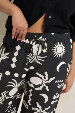 Yours Curve Black Abstract Print Twill Wide Leg Trousers