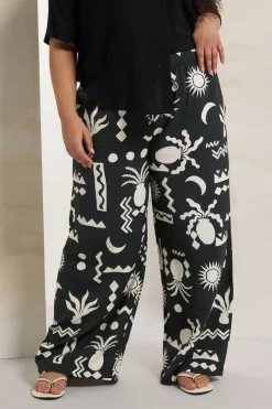 Yours Curve Black Abstract Print Twill Wide Leg Trousers