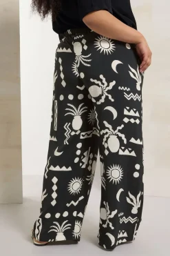 Yours Curve Black Abstract Print Twill Wide Leg Trousers