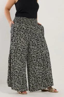 Yours Curve Black Abstract Print Shirred Waist Trousers