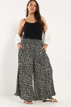 Yours Curve Black Abstract Print Shirred Waist Trousers