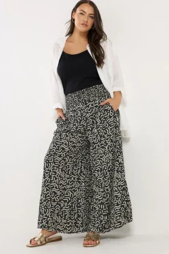 Yours Curve Black Abstract Print Shirred Waist Trousers