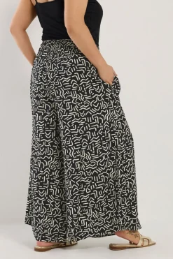 Yours Curve Black Abstract Print Shirred Waist Trousers