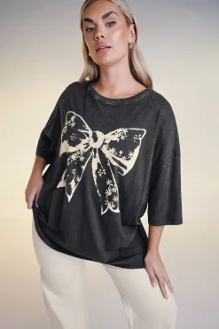 Yours Curve Black Acid Wash Boxy Bow Graphic Print T Shirt