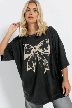 Yours Curve Black Acid Wash Boxy Bow Graphic Print T Shirt