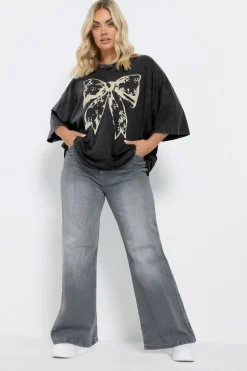 Yours Curve Black Acid Wash Boxy Bow Graphic Print T Shirt
