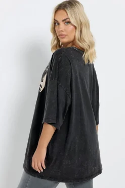 Yours Curve Black Acid Wash Boxy Bow Graphic Print T Shirt