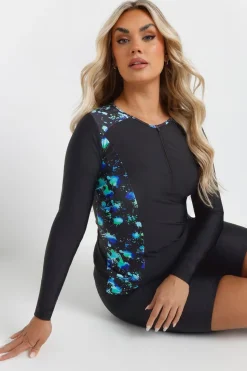 Yours Curve Black & Green Splash Print Swim Top