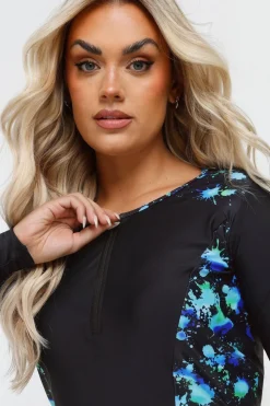 Yours Curve Black & Green Splash Print Swim Top