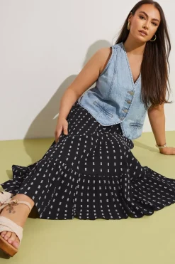 Yours Curve Black & White Dobby Tiered Maxi Skirt