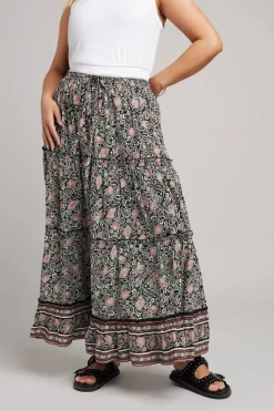 Yours Curve Black & White Floral Print Tiered Maxi Skirt