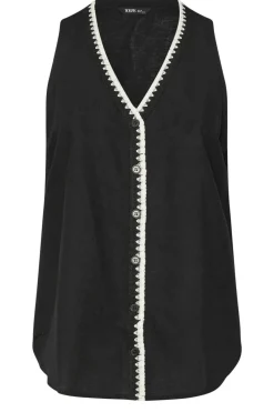 Yours Curve Black Blanket Stitch Linen Vest Top